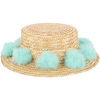 Straw Boater Pom Pom Hat in Beige and Turquoise