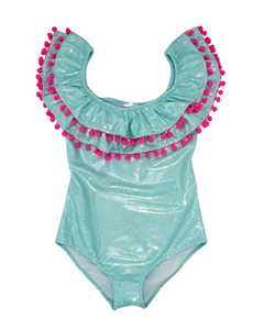 SISSI AQUA GLITTER HOT PINK POMPON  ONE PIECE